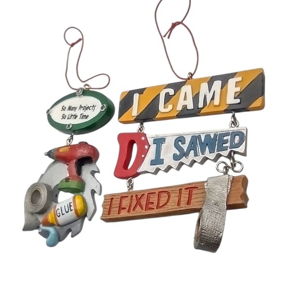 Handyman & DIY-Themed Hanging Ornaments Set Of 2 Fun Craft Tools Design Resin 4" - Picture 7 of 8